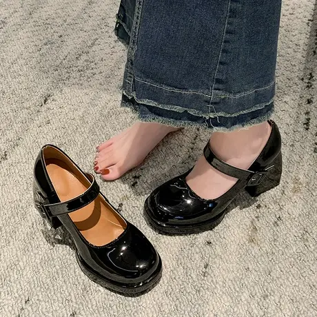 新款复古玛丽珍女鞋2023法式方头小众夏季漆皮粗跟气质高跟鞋黑色图片