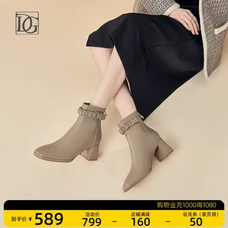 商场同款羊皮法式粗跟时装短靴女2023秋冬新款真皮方头高跟及踝靴商品大图