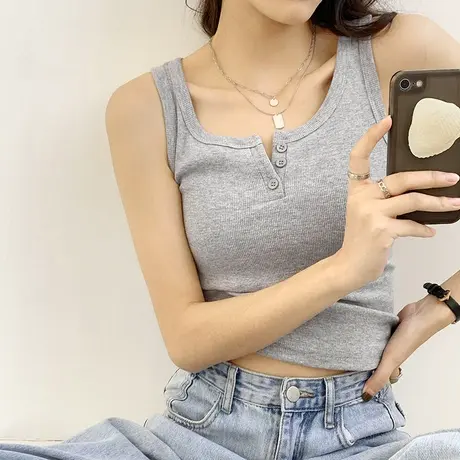 吊带背心女款夏季复古潮流设计感小众撞色字母短款辣妹风无袖上衣图片