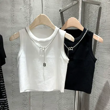 辣妹风高腰短款小背心女2021夏百搭修身内搭无袖黑色显瘦短款上衣图片