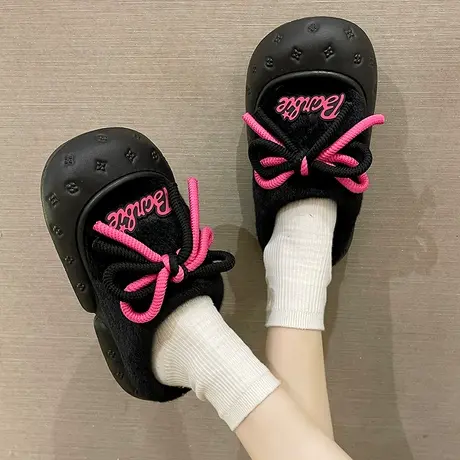 棉拖鞋女冬季外穿时尚绑带室内居家加绒保暖厚底防滑包头毛毛拖鞋商品大图