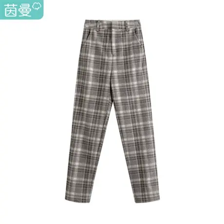 【商场同款】茵曼休闲女2023年冬季新款格纹直筒显瘦宽松百搭长裤图片