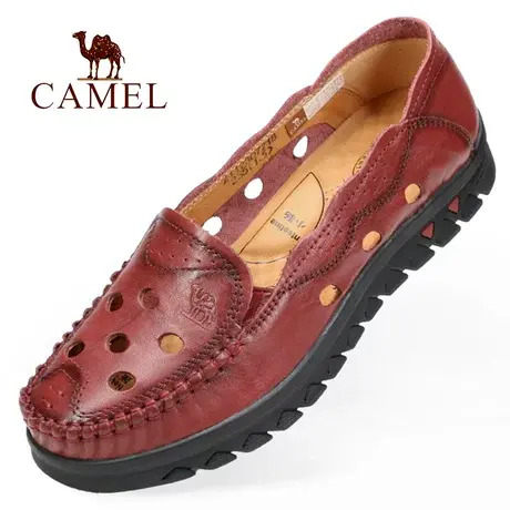 Camel/骆驼夏季款镂空透气真头层牛皮软平底舒适休闲妈妈女凉鞋子图片