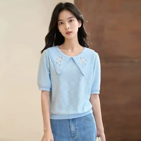 【商场同款】茵曼2023春女装新款田园时尚提花宽松遮肉五分袖毛衣图片