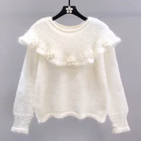 日系甜美立体小花荷叶边毛衣女秋冬2023新款温柔风软糯针织上衣图片