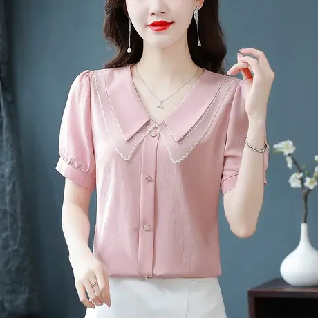 娃娃领短袖雪纺衬衫女2023夏季新款高级感宽松大码显瘦漂亮衬衣女图片