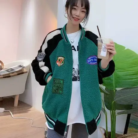 撞色拼接羊羔毛外套女秋冬季欧洲站仿皮毛一体颗粒绒棒球服上衣潮图片