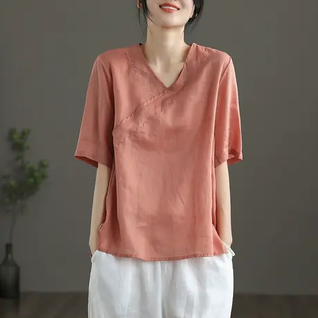 dza 苎麻上衣女士衬衫夏2022新款棉麻料气质衬衣薄款短袖宽松t恤图片