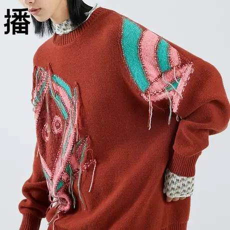 播官方旗舰店毛衣女冬季新款气质圆领宽松上衣毛针织衫BDO4SD0691商品大图