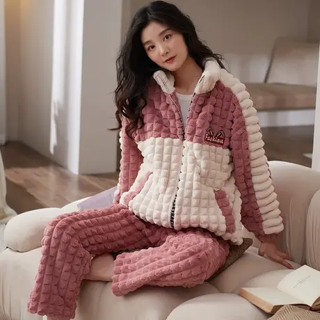猫人加绒加厚冬季法兰绒睡衣女2023新款大码保暖家居服套装可外穿商品大图