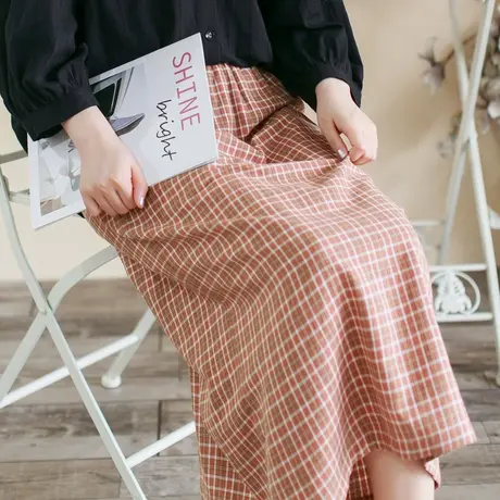 胖妹妹春季2023新品简约温柔好穿的橘色格纹半裙 加大码格子半裙商品大图