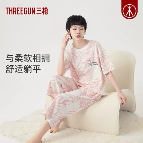 三枪纯棉可爱印花睡衣女春夏短袖中裤宽松透气家居服居家可外穿商品大图