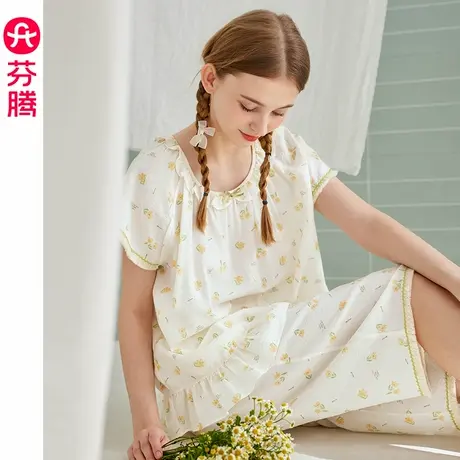芬腾女士睡衣夏季棉质短袖薄款套装女款碎花休闲大码可外穿家居服商品大图