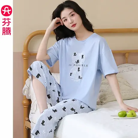 芬腾纯棉睡衣女士夏季薄款短袖八分裤休闲韩版少女宽松家居服套装商品大图