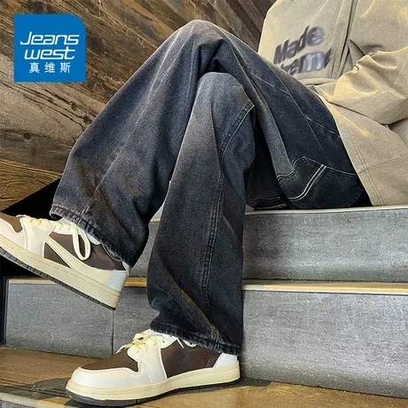 KZH真维斯美式潮牌牛仔裤男夏季新款宽松直筒裤黑色轻奢休闲长裤图片