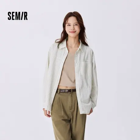 森马长袖衬衫女简约圆领背心心肌理条纹宽松衬衣秋气质两件套穿搭商品大图