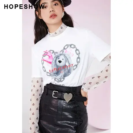红袖outlets爱心兔子印花T恤hopeshow春季新款女装圆领套头短袖商品大图