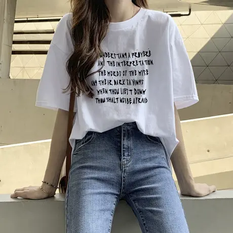 白色宽松短袖t恤女2025夏季新款纯棉中长款时尚字母印花休闲上衣商品大图