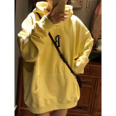 黄色连帽套头卫衣女春秋宽松韩版百搭bf学院风薄款上衣外套ins潮图片