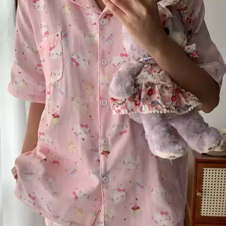 新品！粉粉猫短袖长裤套装纯棉双层纱布睡衣可爱甜美家居服宽松商品大图