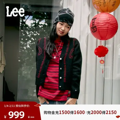 Lee商场同款26春夏新品舒适版花边图案大V领针织开衫黑色女毛衣图片