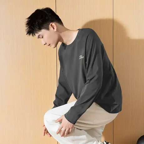 唐狮春秋新款长袖T恤男小细节宽松圆领黑色内搭休闲打底衫潮TE商品大图