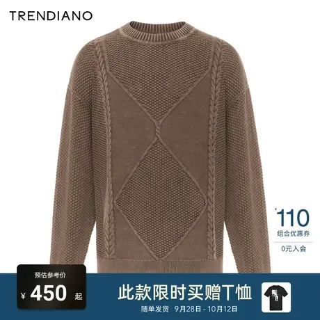 TRENDIANO宽松毛衣2023冬季新款复古麻花编织圆领纯棉套头衫男士商品大图