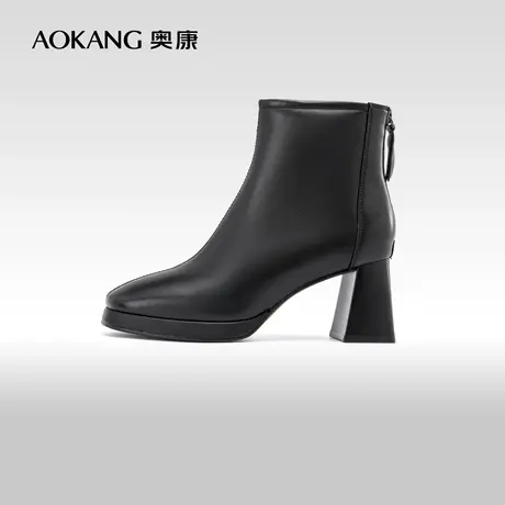 奥康女鞋 2023冬季新款保暖米白色方头粗跟短靴厚底瘦瘦靴时装靴商品大图