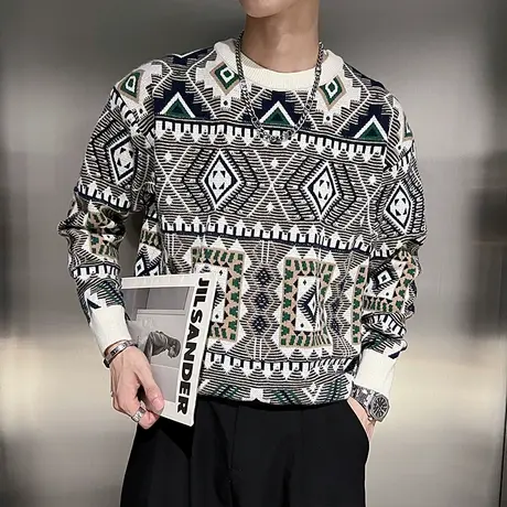 民族风提花套头毛衣男秋冬季2023新款ins潮牌高级内搭花色针织衫商品大图