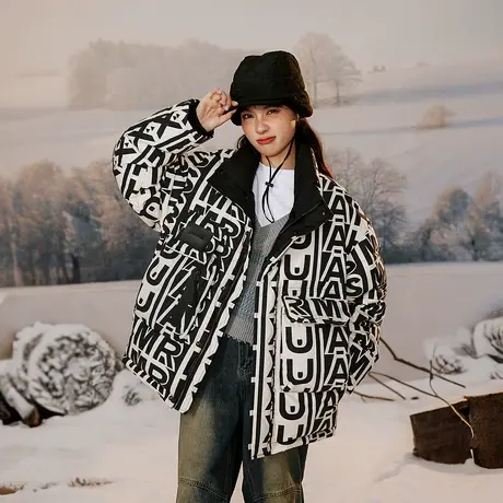 美式复古涂鸦满印白鸭绒羽绒服女冬季外套新款街头潮牌宽松面包服图片