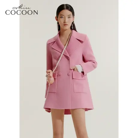 COCOON商场同款2023秋冬新款梅红色西装领羊驼毛呢大衣商品大图