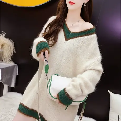 宽松慵懒风V领毛衣女2023年新款秋冬季洋气减龄网红显瘦百搭上衣图片