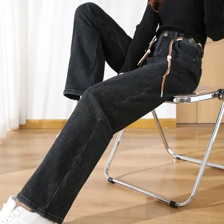 黑色高腰加绒牛仔裤女秋冬小个子设计感直筒裤子女显瘦宽松阔腿裤商品大图