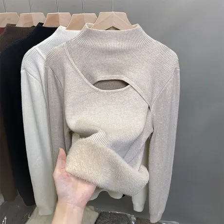 加绒半高领毛衣女一体绒加厚打底衫2023秋冬新款针织衫内搭上衣潮商品大图