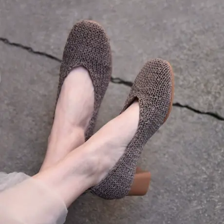 Artmu阿木原创复古真皮针织奶奶鞋粗中跟浅口单鞋女2023春季新款图片