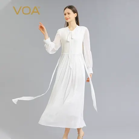 VOA30姆米重磅桑蚕丝褶皱立体设计系带撞料拼接大摆型真丝连衣裙图片