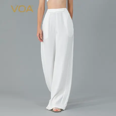 VOA牛奶白30姆米砂洗重磅桑蚕丝自然腰侧口袋百搭真丝直筒长裤图片
