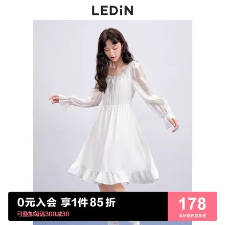 乐町法式连衣裙2023春夏早春女装收腰拼接重工雪纺长袖白色长裙商品大图
