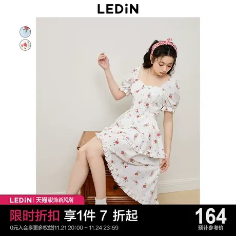 乐町芝芝玫玫连衣裙2023年夏季法式碎花前短后长度假风碎花连衣裙商品大图