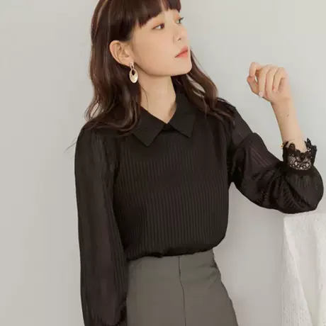 桔熊春秋季通勤打底条纹衬衫女装微透蕾丝长袖雪纺衫大码AB13794图片