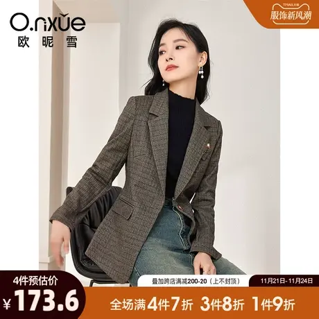 欧昵雪2023冬季新款复古翻驳领格子呢子西装外套女长袖一粒扣西服商品大图