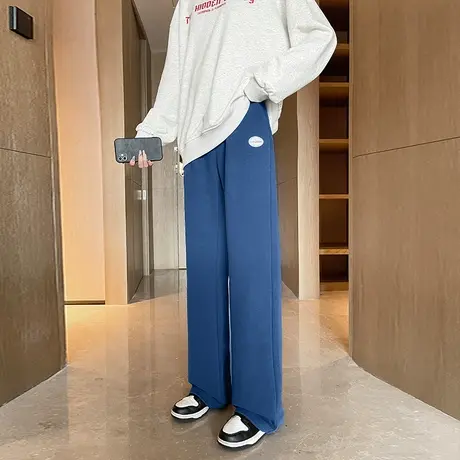 蓝色运动阔腿裤女春秋季2024新款高腰休闲垂感拖地直筒卫裤ins潮商品大图