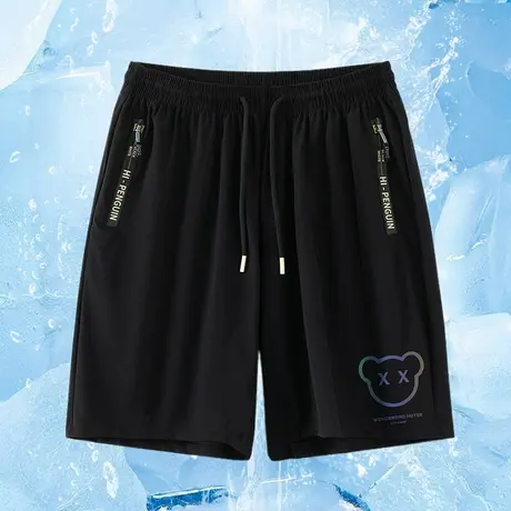 冰丝短裤子男夏季小熊休闲五分裤运动速干透气直筒宽松黑色沙滩裤图片