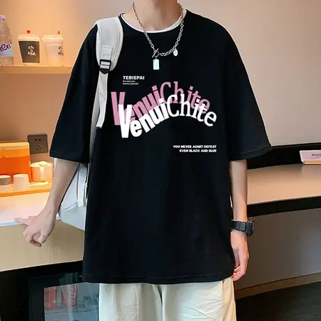 港风纯棉短袖t恤男夏季宽松ins潮牌情侣款半袖设计感字母印花体恤商品大图