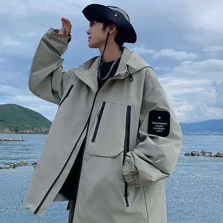 时尚春季新款宽松连帽夹克男ins潮流户外登山拉链开衫简约冲锋衣商品大图