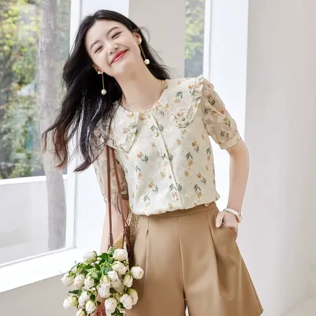 时尚温柔甜美短袖衬衫2023年夏季新款女士气质娃娃领减龄百搭上衣商品大图