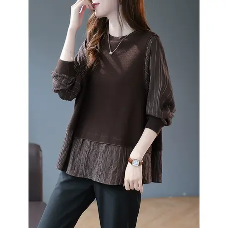 宝诗黎圆领针织拼接条纹假两件衬衫长袖上衣春秋款女宽松2024新款图片