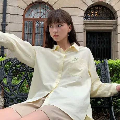 omont蛋挞家 长袖衬衫2023秋季新款女士复古刺绣宽松纯色衬衣上衣商品大图