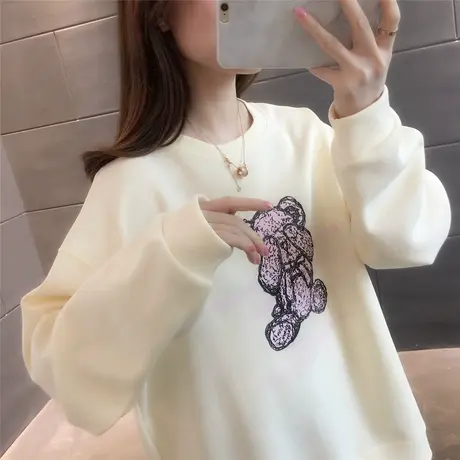 卫衣女宽松圆领2023年春装新款韩版卡通小熊时尚套头上衣春秋薄款图片