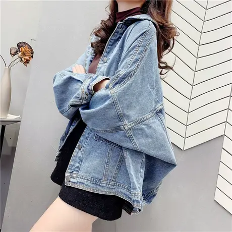 早春2023新款牛仔外套女蝙蝠袖韩版宽松百搭短款复古做旧夹克上衣商品大图